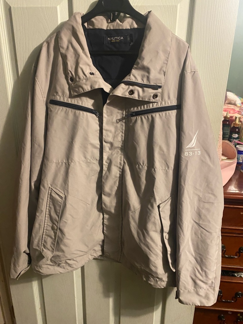 Nautica Men's Light Beige Sailing Raincoat with Navy Trim